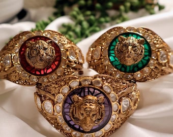 Moissanite Tiger Head Cuff Bracelet | Regal Designer Bangle