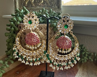 Chaandbali Jhumki Earrings | Indian Bridal Earrings | Kundan, Pearl & Green Accents | Wedding Jewelry | Bollywood Style