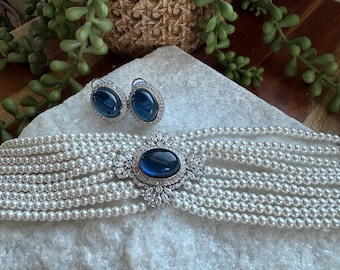Pearl Choker Necklace Set | Emerald Green Blue Bridal Jewelry