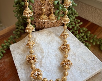 Gold & Pearl Jhumki Necklace Set: Indian Bridal Jewelry