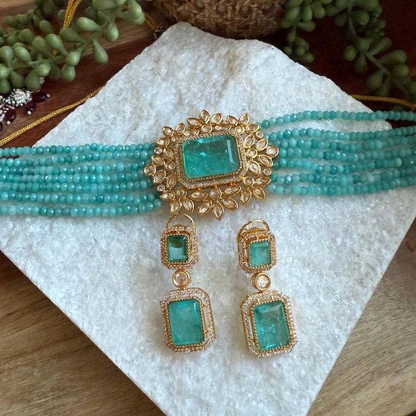 Aqua Blue Kundan Choker Set | Floral Indian Necklace Earrings | Bridal Wedding Jewelry
