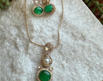 Moissanite Pearl Pendant Necklace Set | Green Doublet Stone & Earrings