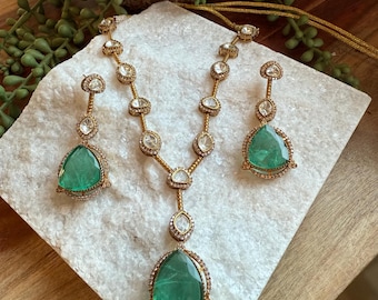 Moissanite & Green Doublet Necklace Set | Long V-Shaped Indian Necklace with Earrings | Bridal Jewelry | Festive Gift Set