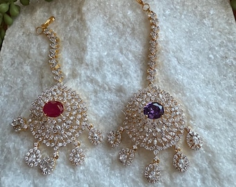 CZ Maang Tikka | Indian Bridal Hair Jewelry | Red Purple Stone Headpiece (Wedding Dulhan Gift)