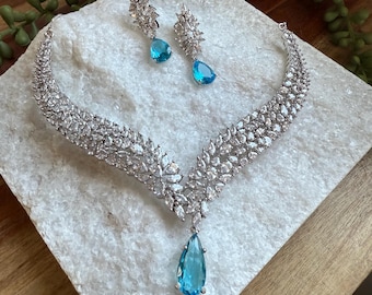 Crystal Drop Necklace Set | CZ Bridal Jewelry with Colored Pendant
