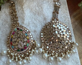 Mirror Work Pearl Passa | Indian Bridal Hair Jewelry, Multi-Color or Clear Mirrors
