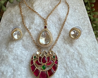 Moissanite Lotus Pendant Necklace Set | Enamel Indian Jewelry, Teardrop Choker Earrings