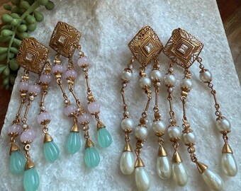 Dangle Carved Statement Earrings: Pearl or Pink & Blue Beads, Vintage Style