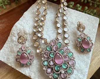 Moissanite Kundan Necklace Set | Pastel Pink & Mint Bridal Jewelry