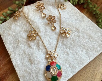Moissanite Flower Pendant Necklace & Earrings: Indian Ethnic Jewelry Set