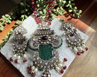 Pumpkin Bead Rani Haar Necklace Set | Polki Peacock Pendant, Chandbali Earrings