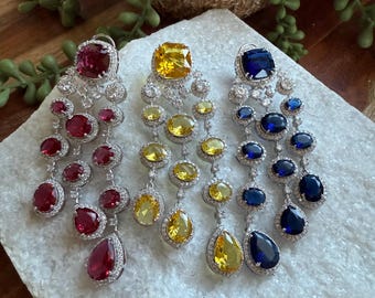 CZ Doublet Dangle Drop Earrings: Red, Yellow & Blue Statement Jewelry