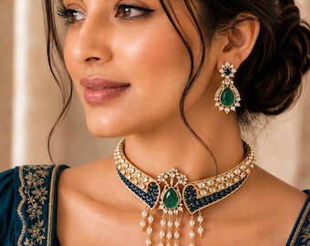 Kundan Choker Necklace Set with Drop Earrings, Blue Stone Inlay Collar, Indian Bridal Jewelry
