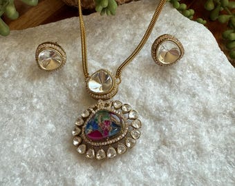 Moissanite & Marble Pendant Necklace Set: Indian Festive Jewelry