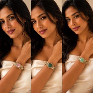 May include: A gold-toned cuff bracelet featuring a central round gemstone surrounded by smaller clear stones. The bracelet is shown in three variations with a light pink, a dark green, and a light green central stone, all set in a metallic frame.
