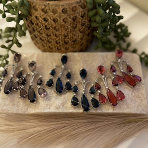 Crystal Chandelier Earrings | Statement Drop Earrings for Weddings & Parties | Red, Navy, Grey | Long Glam Jewelry Gift for Her