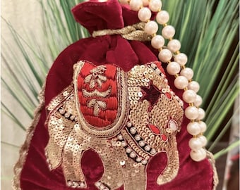 Red Velvet Potli Bag, Sequin Elephant, Pearl Handle, Indian Clutch