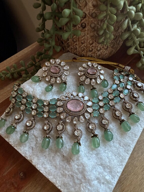 Moissanite Bridal Choker Set | Pink & Mint Green Indian Jewelry