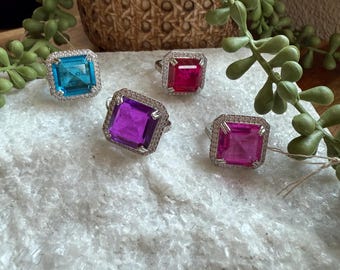 Square CZ Cocktail Ring | Adjustable Statement Ring
