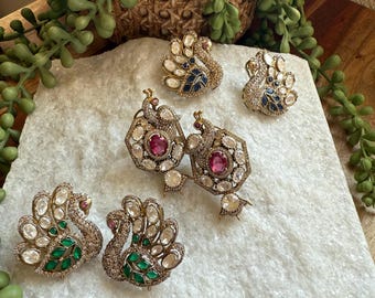 Peacock CZ Stud Earrings, Moissanite Finish, Indian Jewelry
