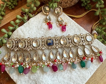 Moissanite Kundan Choker Necklace Set: Bridal Jewelry with Gemstone Dangles