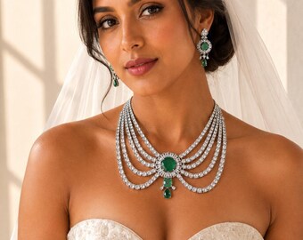 Convertible Kundan Bridal Necklace Mathapatti Set, Emerald Polki 3 Layer Choker, Wedding Jewelry