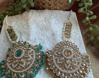 Kundan Pearl Passa | Mughal Bridal Hair Jewelry, Green Champagne Maang Tikka