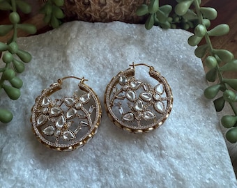 Moissanite Hoop Earrings | Kundan Style Indian Bridal Jewelry, Floral Motifs, Statement Bali Wedding Wear
