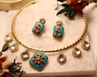 Moissanite Hasli Necklace Set | Turquoise Inlay, Statement Jewelry