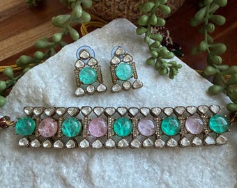 Moissanite Choker Set: Indian Bridal Necklace with Bubble Doublet Stones