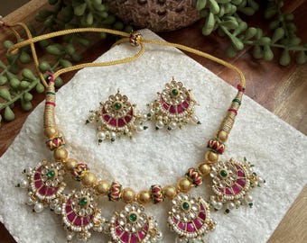 Pachi Kundan Choker Set | 18k Gold Polish Bridal Necklace, Pearl Drops, Chandbali Earrings