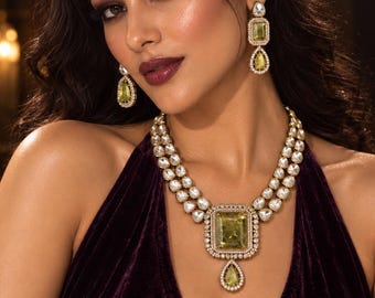 Polki Necklace Set, Two Layer Moissanite Uncut Stone Necklace, Emerald Cut Doublet Pendant, Red Yellow Indian Bridal Jewelry