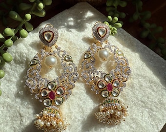 Moissanite Jhumki Earrings | CZ, Pearl, Enamel | Indian Jewelry