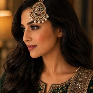 May include: A gold-toned maang tikka headpiece featuring a central teardrop-shaped pendant adorned with multicolored stones, clear crystals, and a fringe of small white pearls, attached to a delicate gold chain that rests along the hair part.
