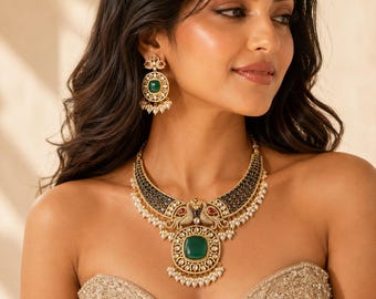 Kundan Bridal Choker Set with Pearl Drops, Peacock Emerald Green Indian Wedding Necklace