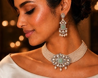 Pearl Choker Set with Moissanite Pendant, Multi Strand Seed Pearl Necklace, Silver Gold Indian Bridal Jewelry