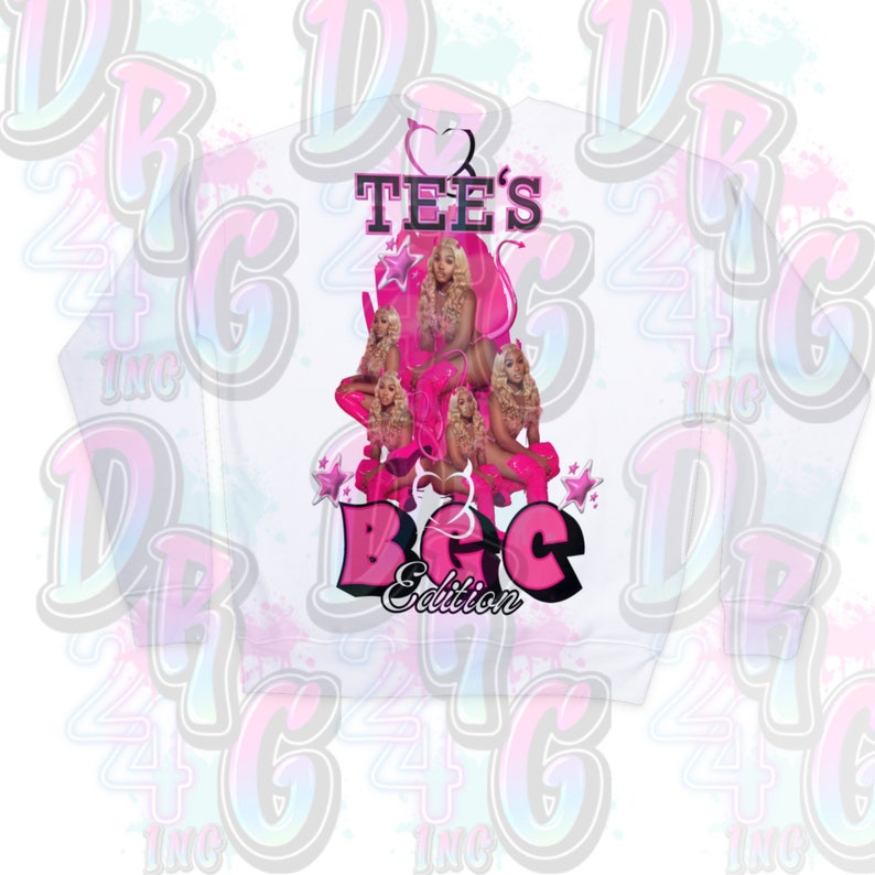 May include: Pink graphic tee with the text "TEE'S & BGC Edition" and a collage of images of a woman with blonde hair and pink clothing.
