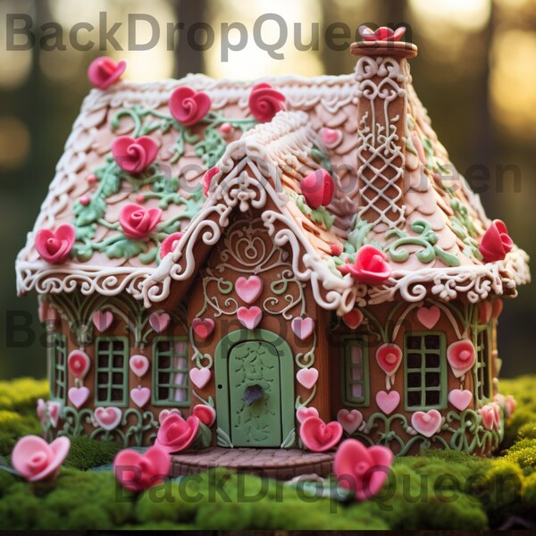 6 Image Valentines Gingerbread House Digital Backdrop Photo Overlay, Romantic Photography Bundle,Love Photo,Candy Lane Background,Couple,Kid