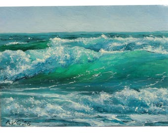 ACEO - peinture acrylique miniature originale de paysage marin sur toile représentant des vagues translucides