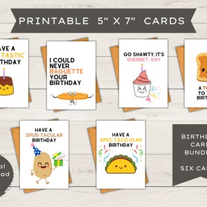 6ct Printable Food themed Birthday Card Assortment | Blank Cards