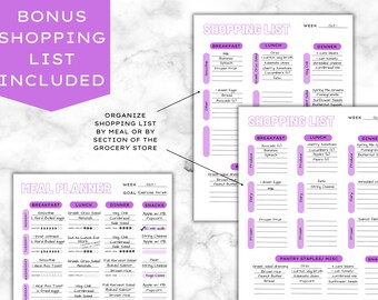 Weekly Meal Planner + BONUS Grocery Shopping List - DIGITAL DOWNLOAD - Magenta