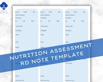 Dietitian Nutrition Assessment Note Template - Printable & Editable Digital Download