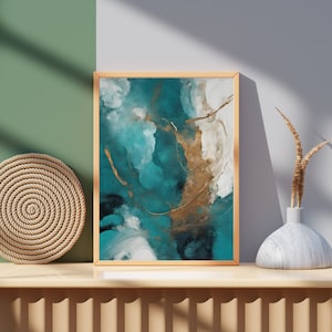 Teal and Gold Digital Abstract Wall Print, Printable Wall Art Download, Living Room Decor, Bedroom Decor, Office Home Décor Wall Print