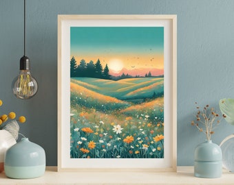 Digital Abstract Sunrise Meadow Landscape, Teal Wall Art, Prints Wall Art, Digital Wall Art Download, Flowers Wall Art