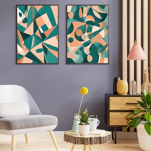 Set of 2 Abstract Teal and Peach Wall Art Prints, Printable Teal Wall Art, Prints Wall Art, Digital Wall Art Download