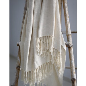 Hand-loomed 100% Cotton Plain Ivory Large Throw Blanket with Tassel