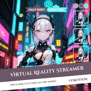 Op de afbeelding: Digitale kunst van een virtual reality streamer met wit haar en roze ogen, gekleed in een futuristische outfit. De afbeelding bevat de tekst "VIRTUAL REALITY STREAMER" en "PNGTUBER CUTE VIRTUAL GIRL MODEL". De achtergrond bevat neonreclame.