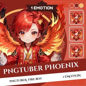 May include: A digital illustration of a red-haired character with a phoenix design. The character is wearing a red and gold outfit and has large, expressive eyes. The image is set against a red background with the text "PNGTUBER PHOENIX" and "1 EMOTION" in white.