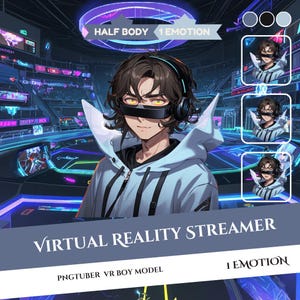 Op de afbeelding: Digitale illustratie van een virtual reality streamer. Het personage heeft bruin haar, een koptelefoon en een lichtblauwe hoodie. De achtergrond toont een futuristische arena met neonlichten. Tekst luidt "Virtual Reality Streamer" en "PNGTuber VR Boy Model."