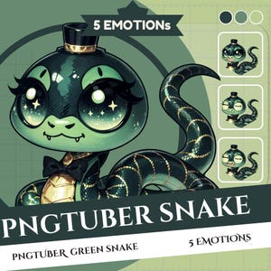 May include: A green snake with a top hat and a bow tie. The snake has large eyes with stars in them. The snake is curled up in a circle. The text "PNGTUBER SNAKE" is written below the snake. The text "PNGTUBER GREEN SNAKE" is written below the text "PNGTUBER SNAKE". The text "5 EMOTIONS" is written above the snake.